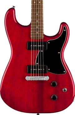 Squier Paranormal Strat-O-Sonic Electric Guitar in Crimson Red Transparent