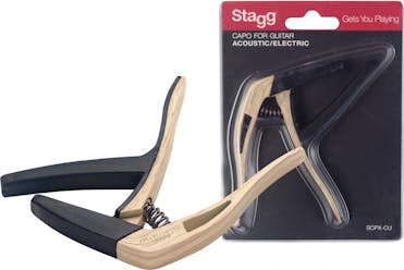 Stagg Curved Trigger Capo for Guitar in Light Wood Imitation