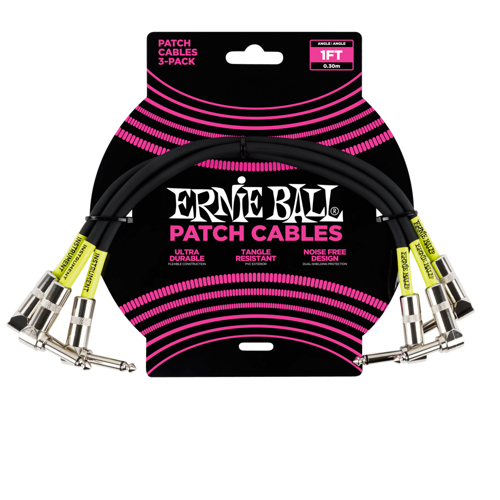 Ernie Ball 1ft Angle/Angle Patch Cable in Black, 3-pack