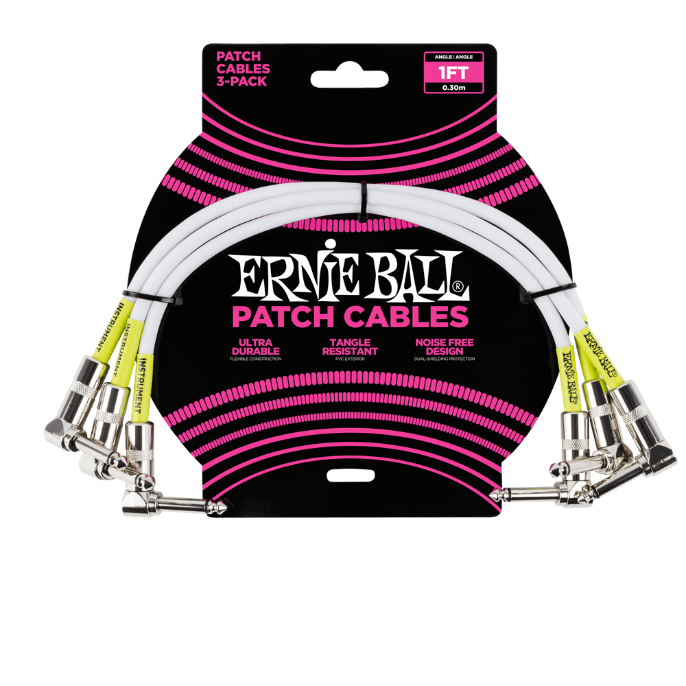 Ernie Ball 1ft Angle/Angle Patch Cable in White, 3-pack