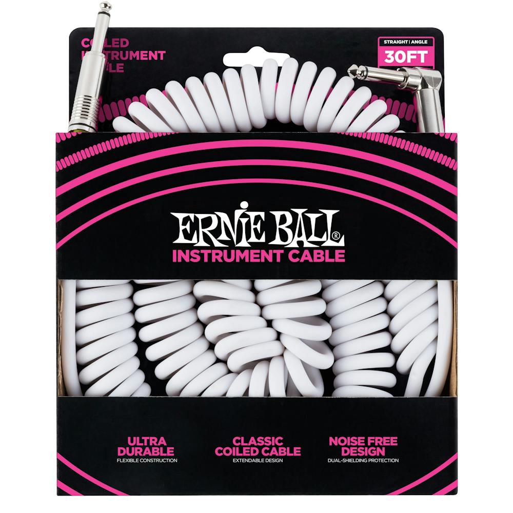 Ernie Ball Ultraflex 30ft Coiled Straight/Angle Instrument Cable in White