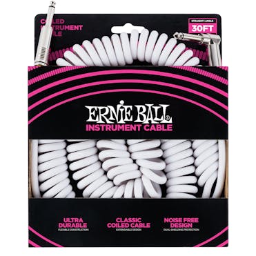 Ernie Ball Ultraflex 30ft Coiled Straight/Angle Instrument Cable in White