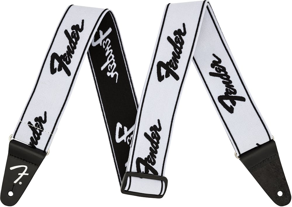 Fender WeighLess 2" Running Logo Strap in White/Black
