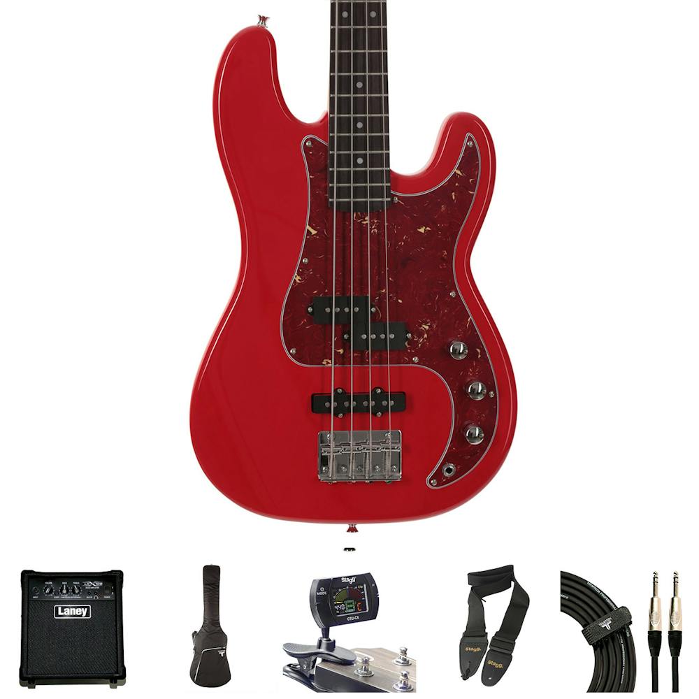 EastCoast GP200 Red Bass Guitar Bundle with Laney Amp & Accessories