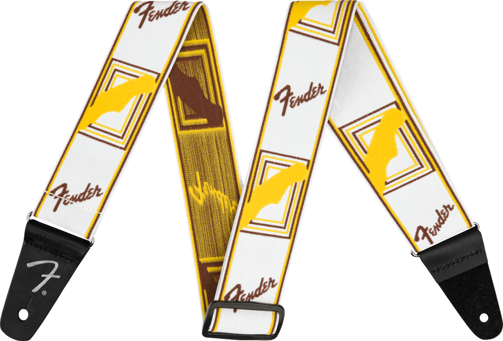 Fender Weighless 2 inch Monogrammed Strap, White/Brown/Yellow