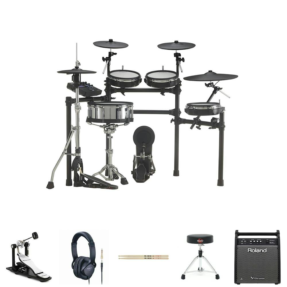 Roland TD27KV Bundle with PM100, Single Pedal, HH Stand, Snare Stand, Sticks, Stool & Headphones