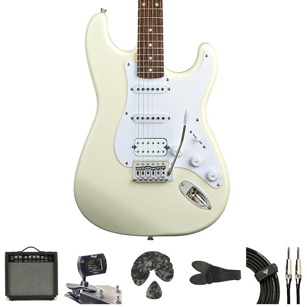 Squier Bullet Stratocaster HSS Arctic White Electric Guitar Starter Pack with Amp & Accessories