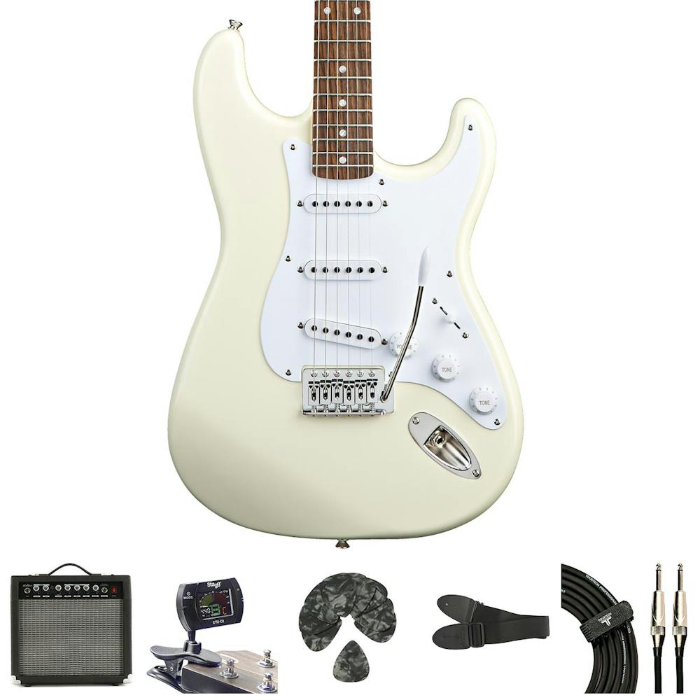 Squier Bullet Stratocaster Arctic White Electric Guitar Starter Pack with Amp & Accessories