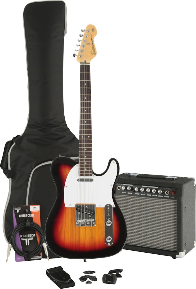 Encore E2 Electric Guitar in 3 Tone Sunburst Starter Pack with 15W Amp & Accessories