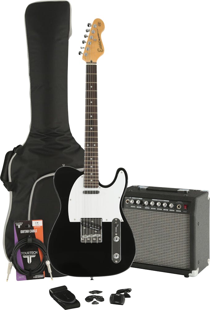 Encore E2 Electric Guitar in Gloss Black Starter Pack with 15W Amp & Accessories