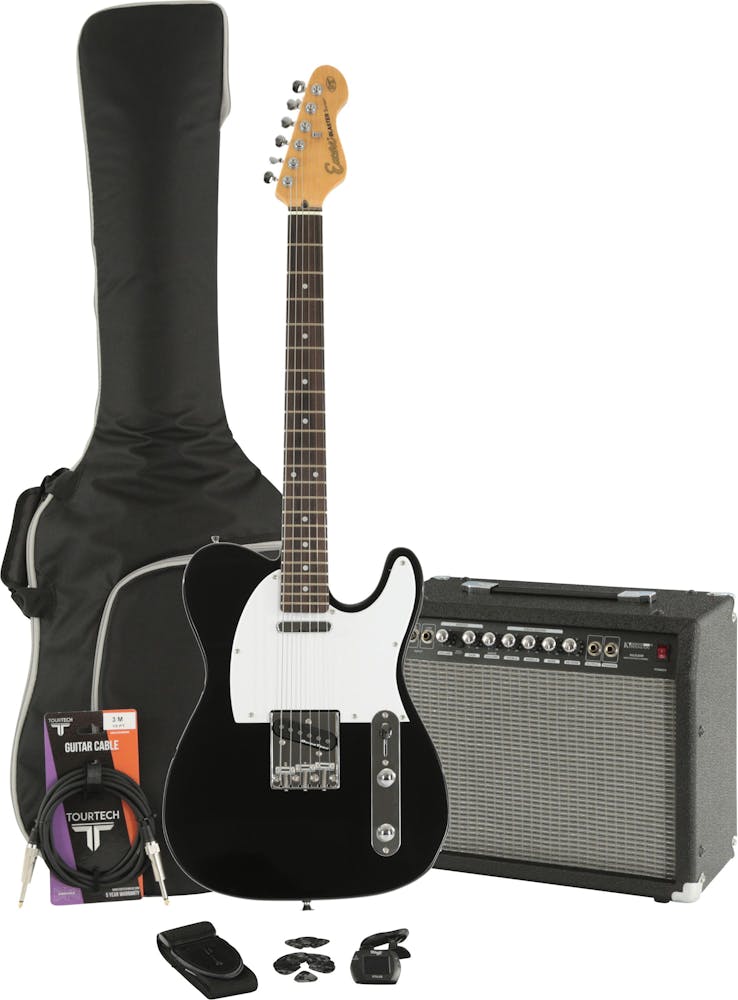 Encore E2 Electric Guitar in Gloss Black Starter Pack with 30W Amp & Accessories