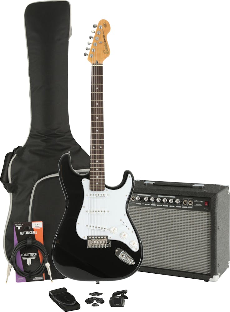 Encore E6 Electric Guitar in Gloss Black Starter Pack with 30W Amp & Accessories