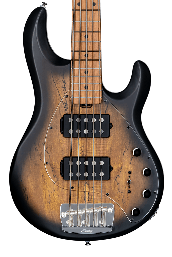 Sterling By Music Man Stingray Ray35HH 5-String Bass Spalted Maple Top in Natural Burst Satin