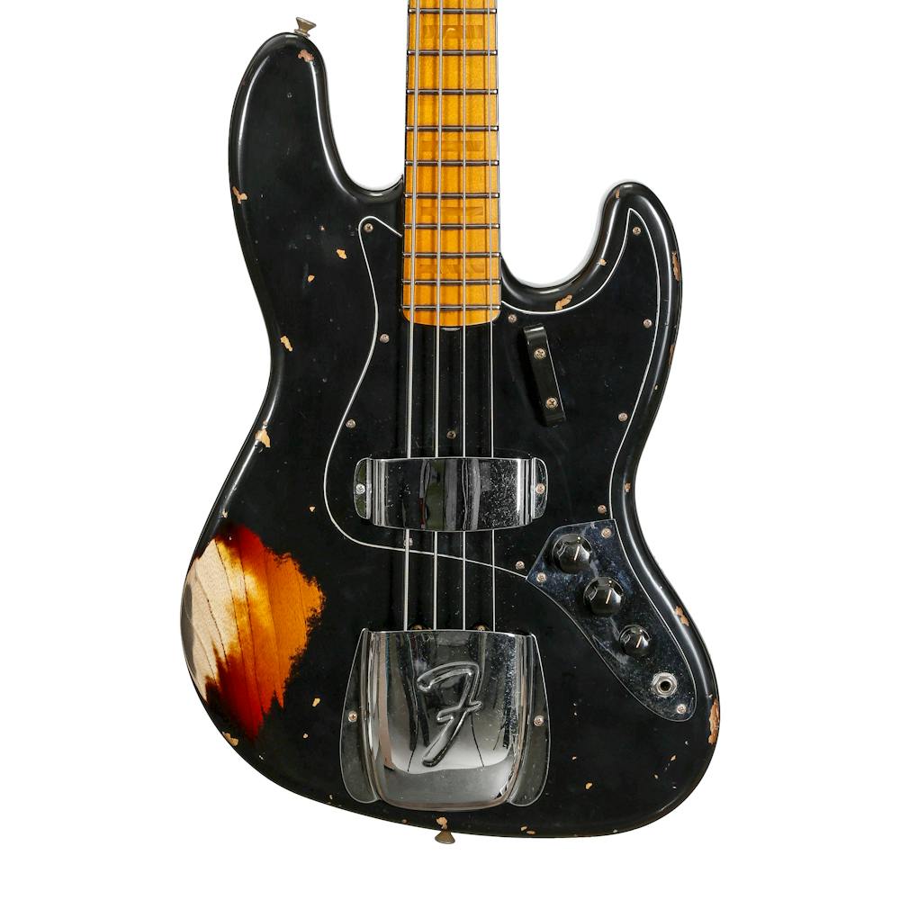 Fender Custom Shop 75 Jazz Bass in Black Over Aged 3 Tone Sunburst Heavy Relic