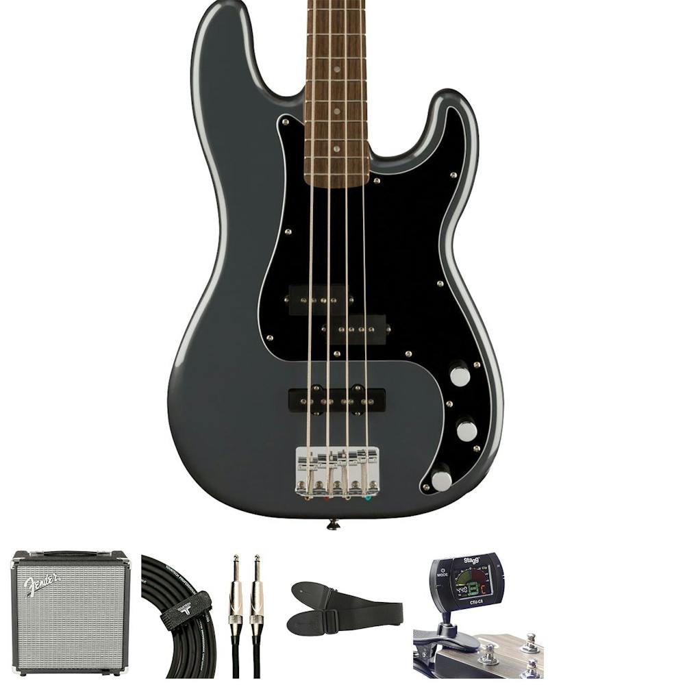 Squier Affinity PJ Bass in Charcoal Frost Metallic Bundle with Amp and Accessories