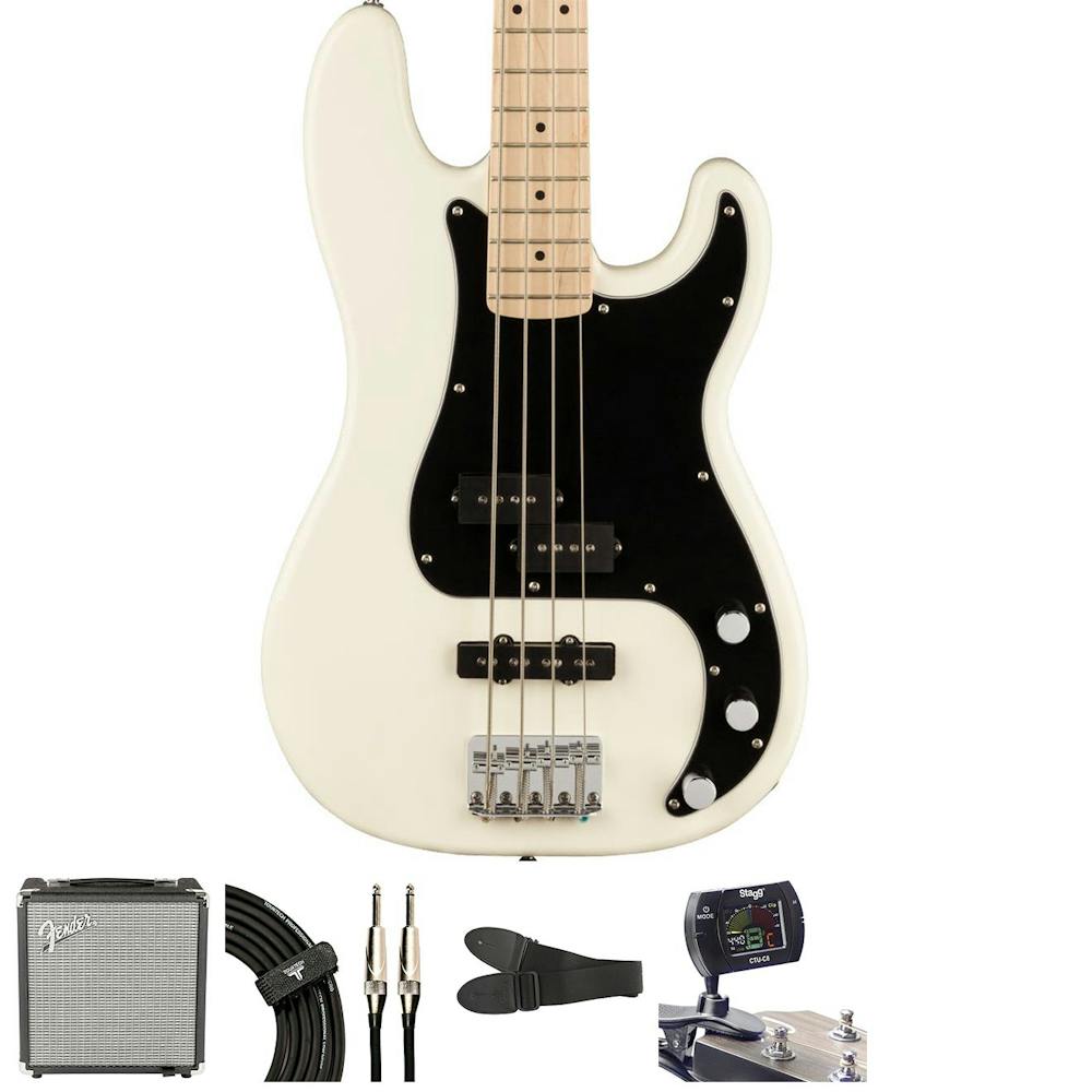 Squier Affinity PJ in Olympic White Bass Bundle with Amp and accessories