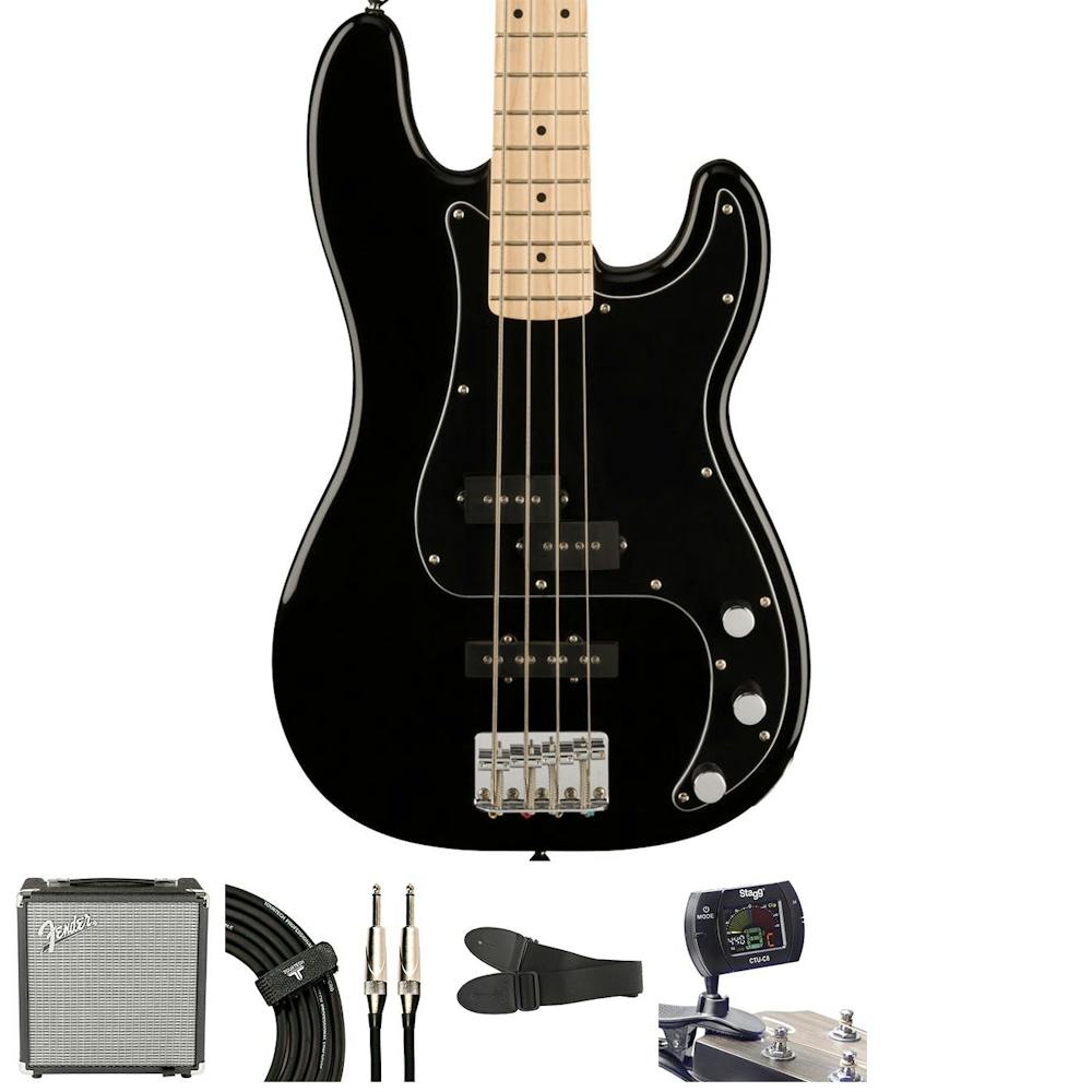 Squier Affinity PJ in Black Bass Bundle with Amp and Accessories