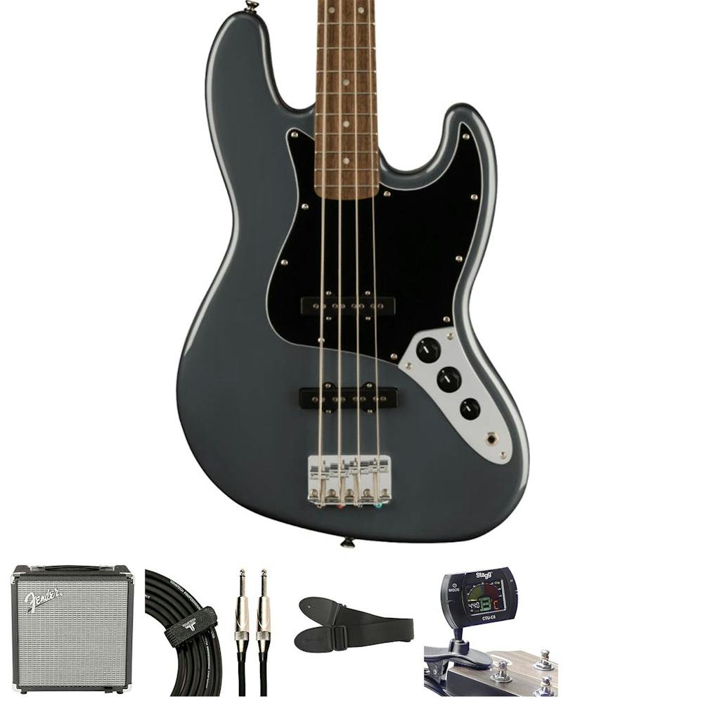 Squier Affinity Jazz in Charcoal Frost Metallic Bass Bundle with Amp and Accessories