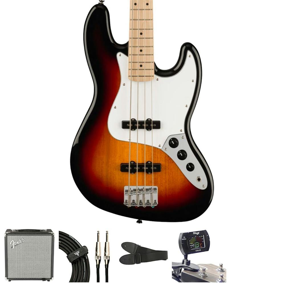 Squier Affinity Jazz in 3 Colour Sunburst Bass Bundle with Amp and Accessories