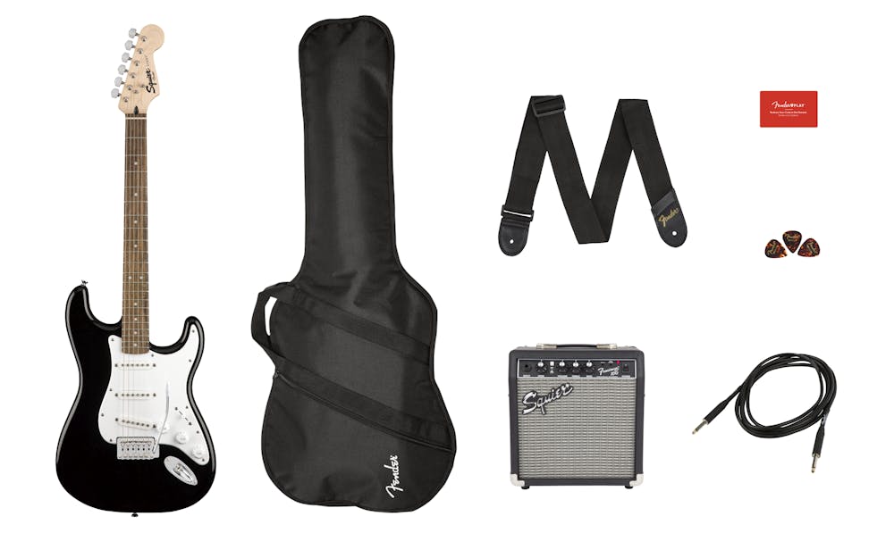 Squier Stratocaster Electric Guitar Starter Pack in Black with Amp, Gig Bag, Cable & Accessories