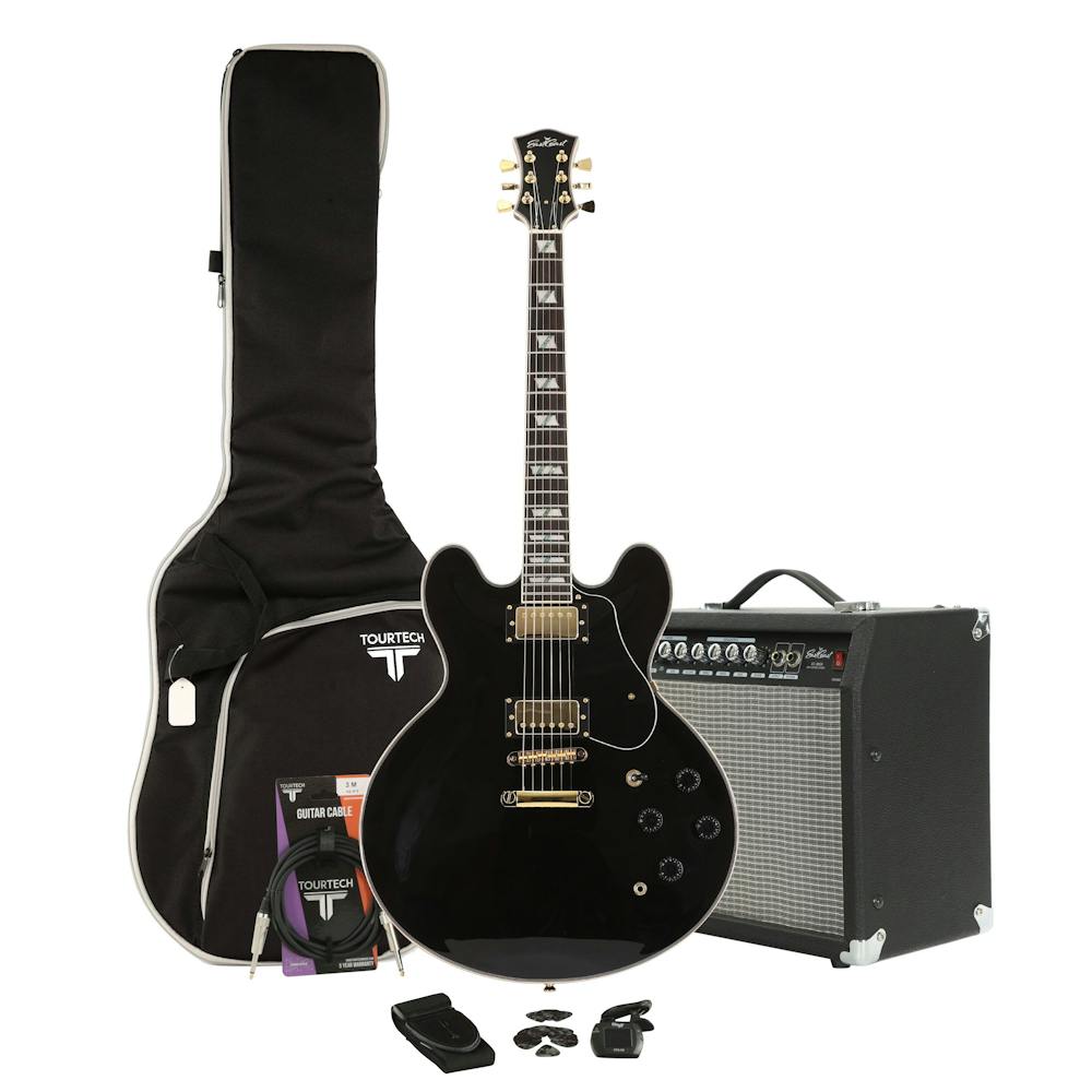 EastCoast G35 Semi-Hollow Black Electric Guitar Starter Pack with 30W Amp & Accessories