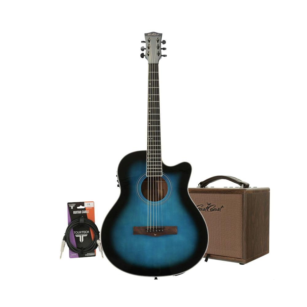 EastCoast G1CE Grand Auditorium Cutaway Blue Burst Electro Acoustic Guitar Starter Pack with 25W Amp