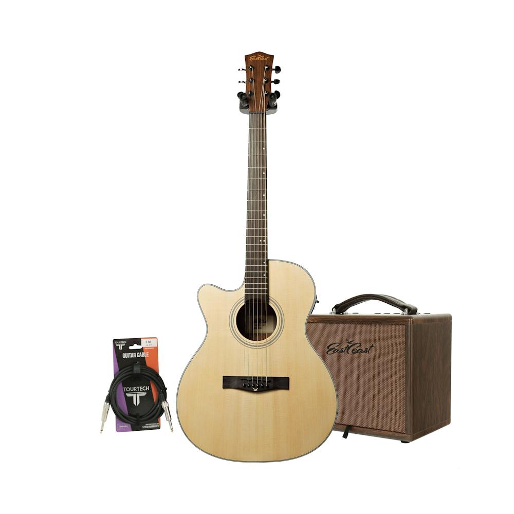 EastCoast G1CEL Grand Auditorium Cutaway Natural Left Handed Electro Acoustic Guitar Starter Pack with 25W Amp