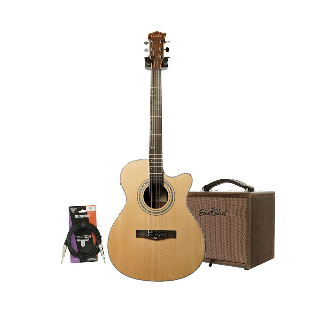 EastCoast G1SCE Grand Auditorium Cutaway Natural Electro Acoustic Guitar Starter Pack with 25W Amp