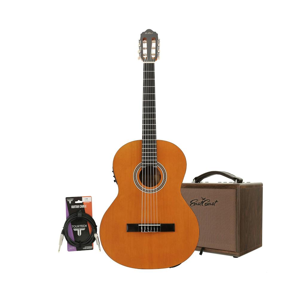 EastCoast C1SE 4/4 Size Natural Electro Classical Guitar with Solid Top Starter Pack with 25W Amp