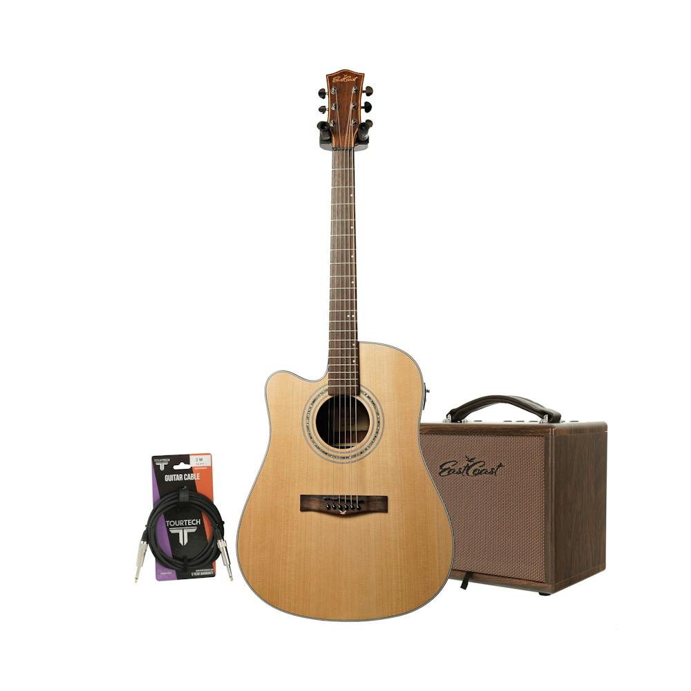 EastCoast D1SCEL Natural Dreadnought Left-Handed Electro Acoustic Guitar Starter Pack with 25W Amp