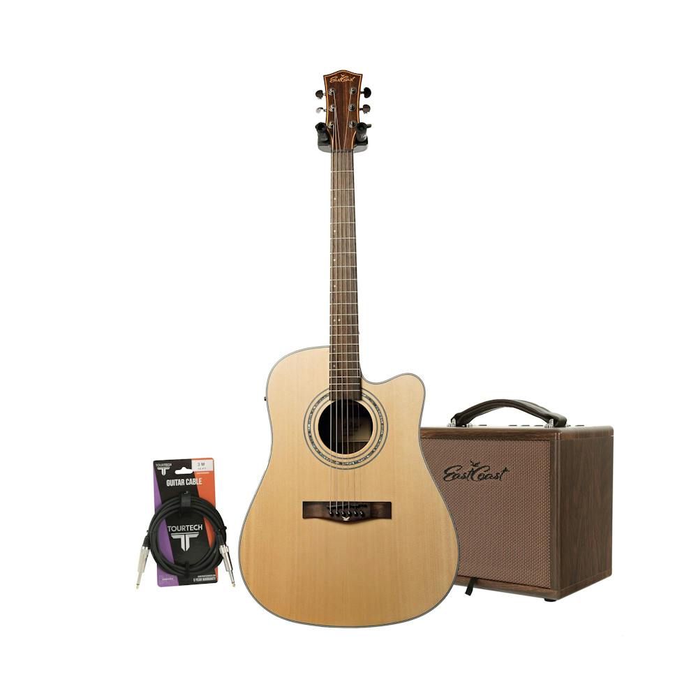 EastCoast D1SCE Natural Dreadnought Electro Acoustic Guitar Starter Pack with 25W Amp