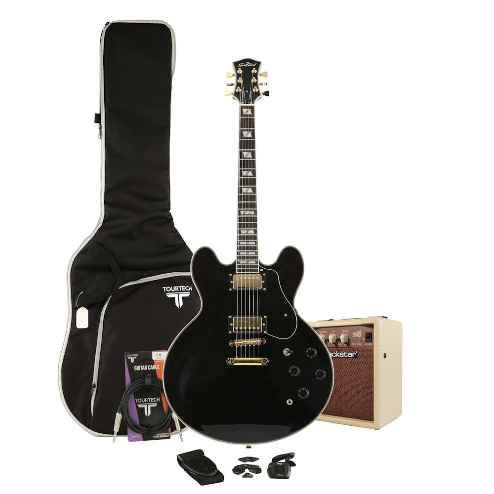 EastCoast G35 Semi-Hollow Black Electric Guitar Starter Pack with 10W Amp & Accessories