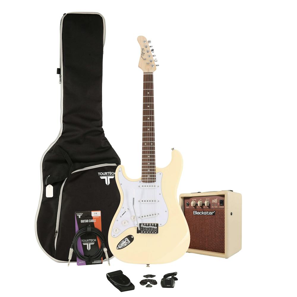 Eastcoast ST1 Vintage White Left Hand Electric Guitar Starter Pack with 10W Amp and Accessories