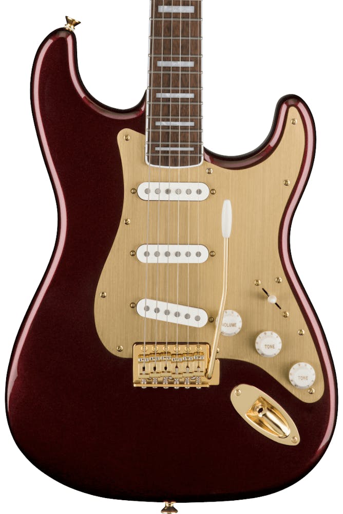 Squier 40th Anniversary Stratocaster Gold Edition Electric Guitar in Ruby Red Metallic