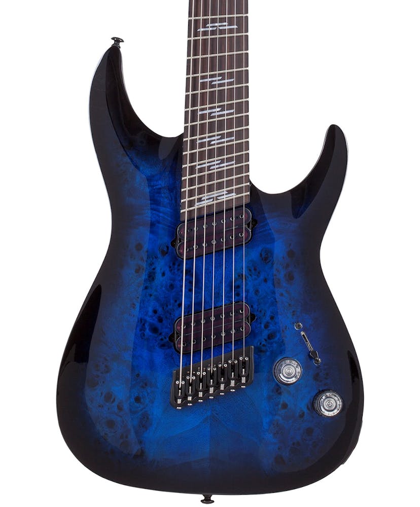 Schecter Omen Elite-7 MS 7 String Electric Guitar in See Thru Blue Burst