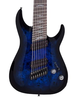 Schecter Omen Elite-8 MS 8 String Electric Guitar in See Thru Blue Burst