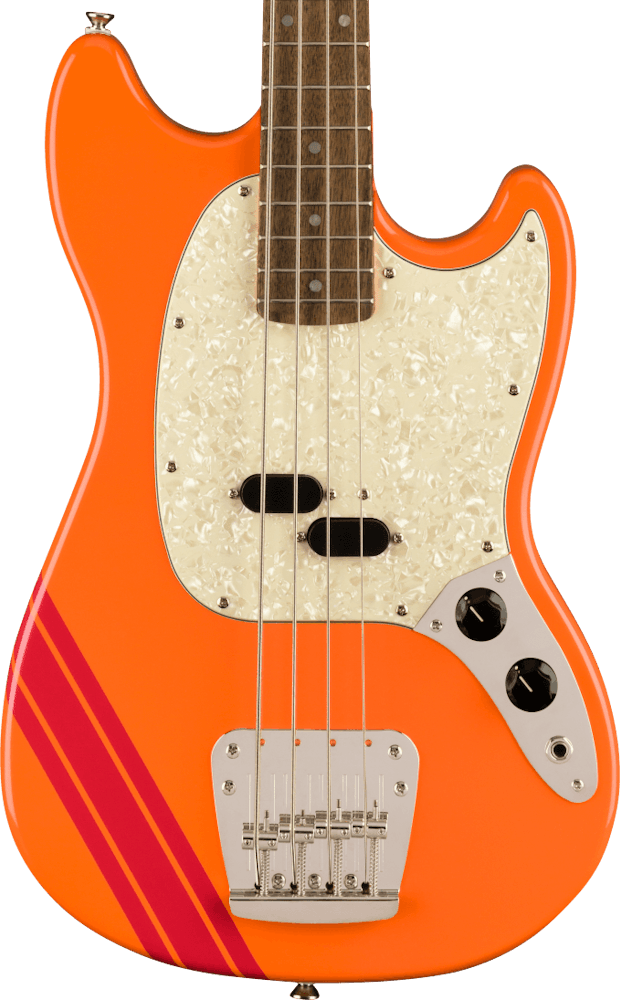 Squier FSR Classic Vibe 60s Competition Mustang Bass in Capri Orange with Dakota Red Stripes