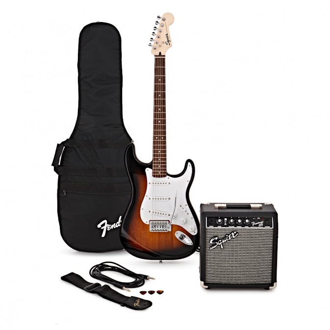 Squier Stratocaster Electric Guitar Pack With Squier Frontman 10G Amp Brown  Sunburst