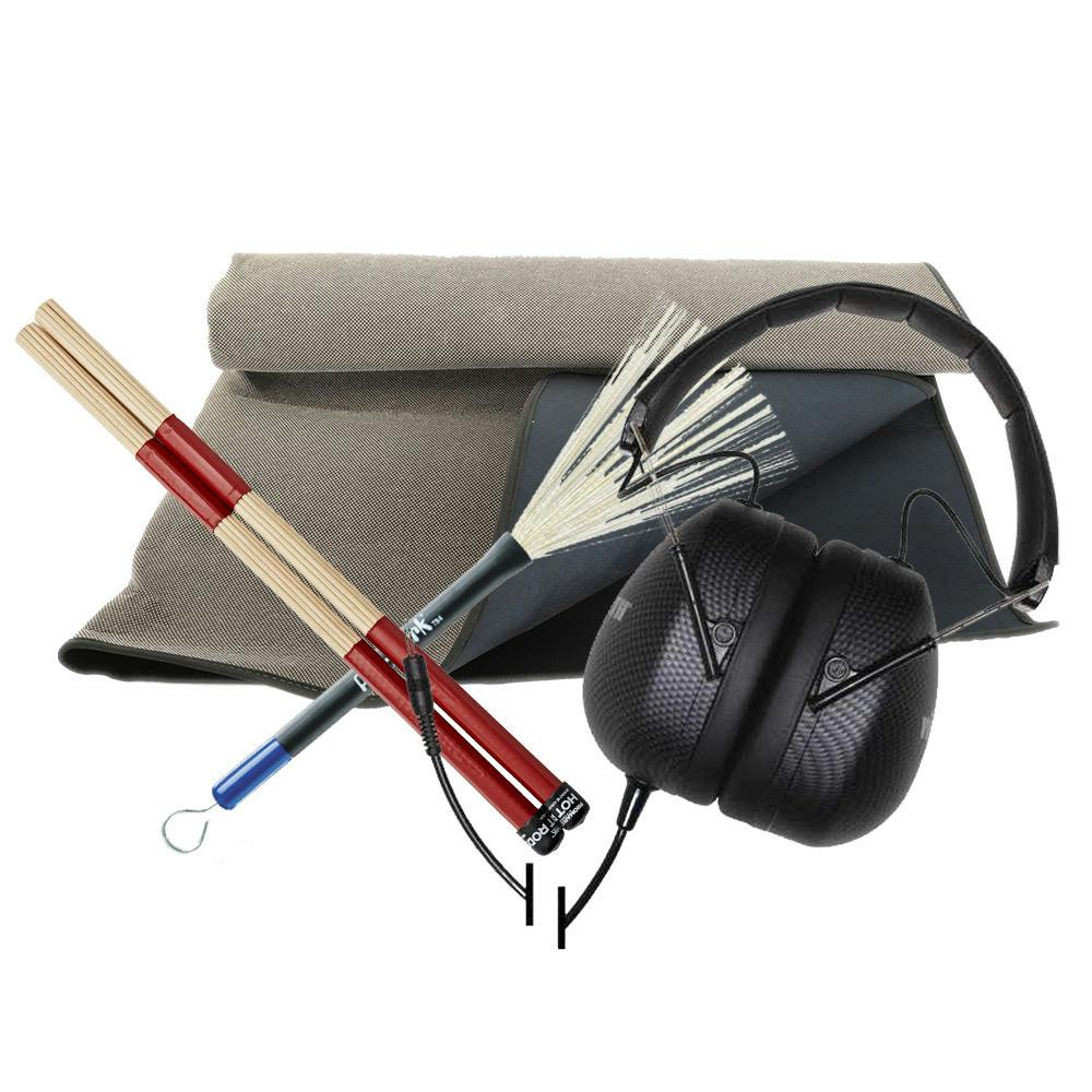 Ultimate Starter drum kit accessories bundle: Brushes, Rods, Headphones and Carpet