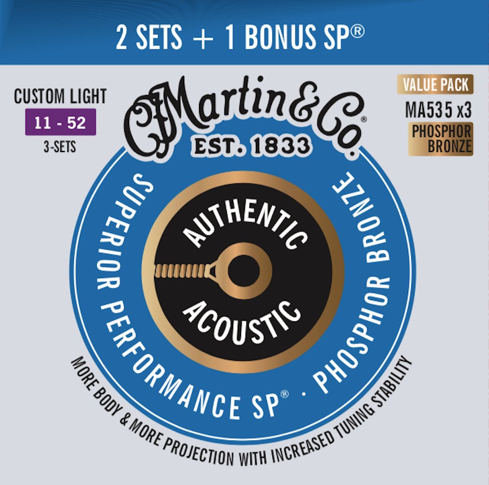 Martin Authentic Acoustic Superior Performance Phosphor Bronze 3 Pack Strings Custom Light 11 - 52