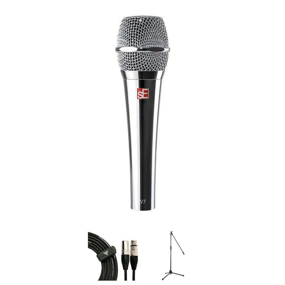 SE Electronics V7 Chrome Dynamic Vocal Microphone Bundle with Mic Stand and XLR Cable