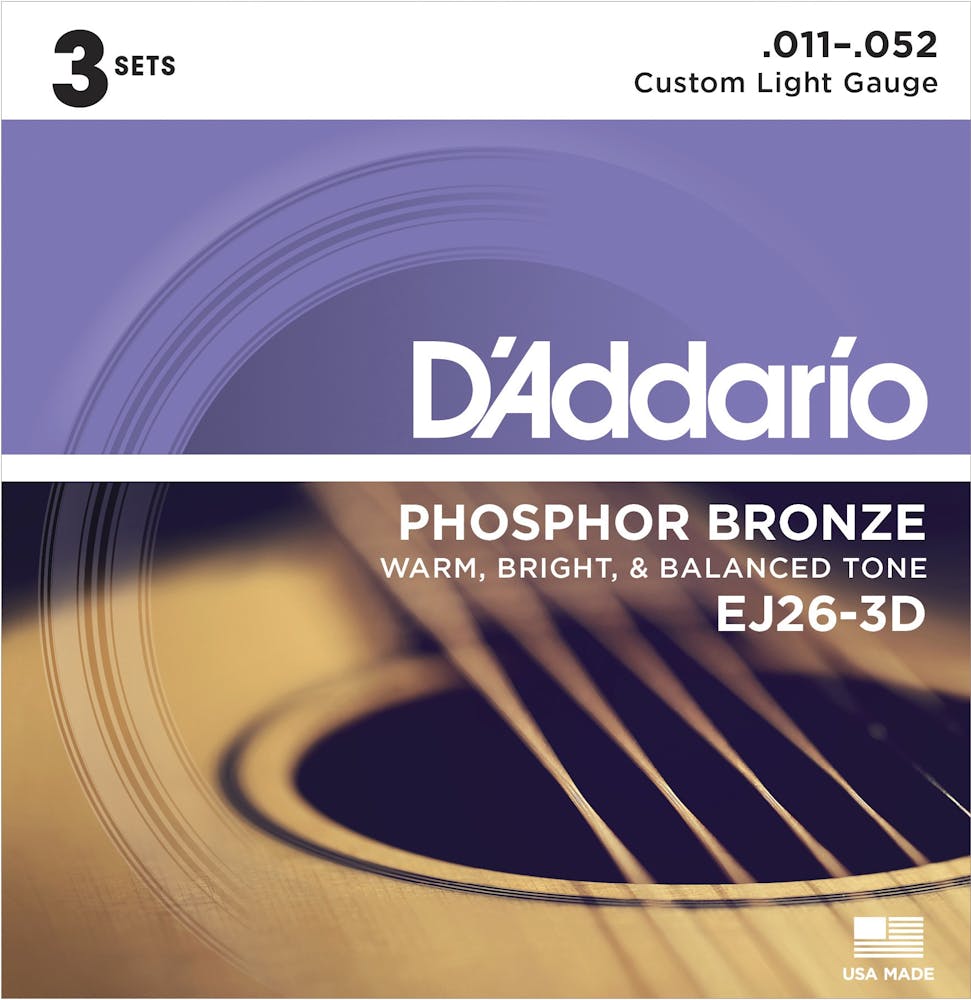 D'Addario EJ26 3 Pack Phosphor Bronze 11-52 Custom Light Set