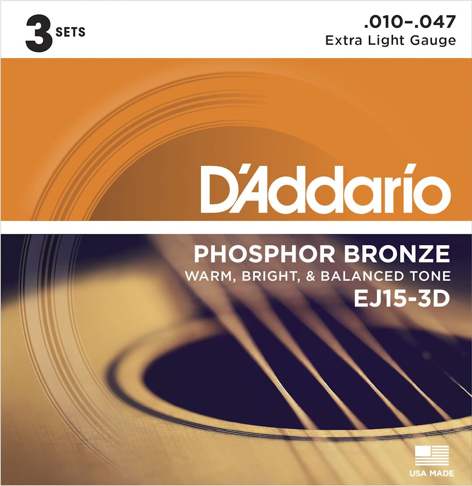 D'Addario EJ15 3 Pack Phosphor Bronze 10-47 Extra Light Set