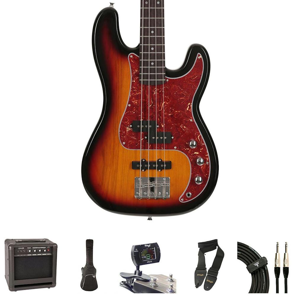 EastCoast GP200 3-Colour Sunburst Bass Guitar Bundle With Amp & Accessories
