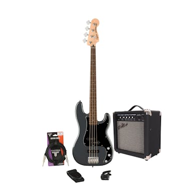 Squier Affinity PJ Bass in Charcoal Frost Metallic Starter Pack with 15w Amp and Accessories