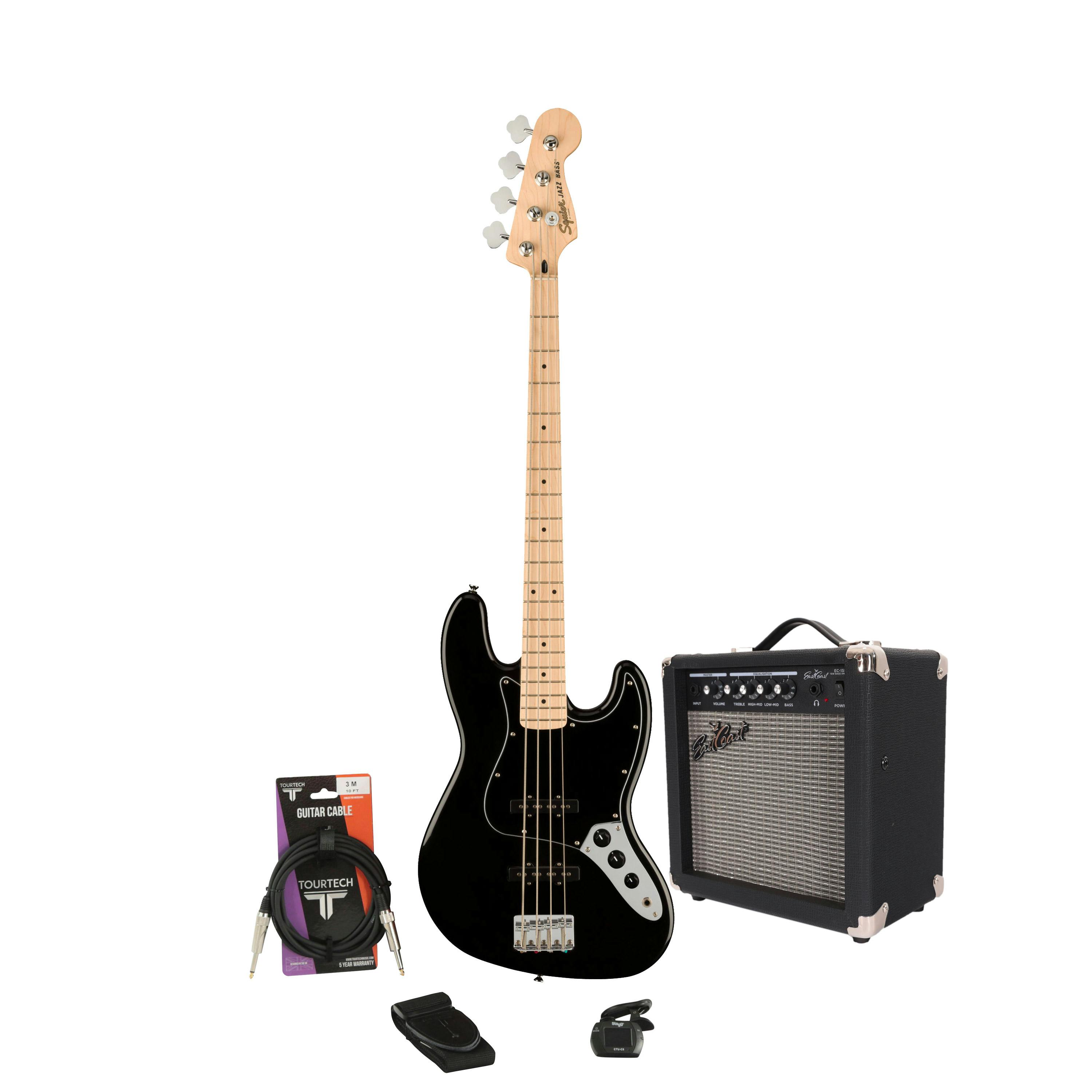 Squier Affinity Jazz in Black Bass Starter Pack with 15w Amp and Accessories