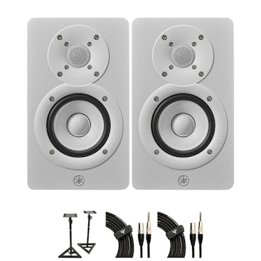 Yamaha HS3 Studio Monitors in White (Pair) bundle with monitor stands and cables