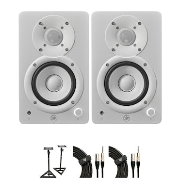 Yamaha HS4 Studio Monitors in White (Pair) bundle with monitor stands and cables