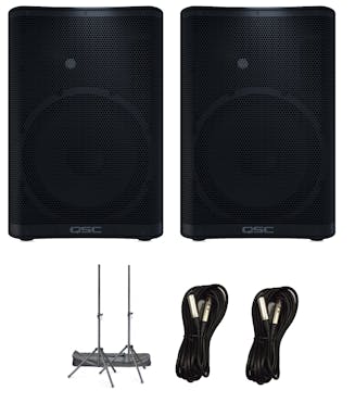 QSC Audio CP12 1000w Powered 12" Speaker Bundle with Stands & Cables