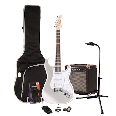 EastCoast ST2 Slick Silver Electric Guitar Starter Pack with 15W Practice Amp & Accessories